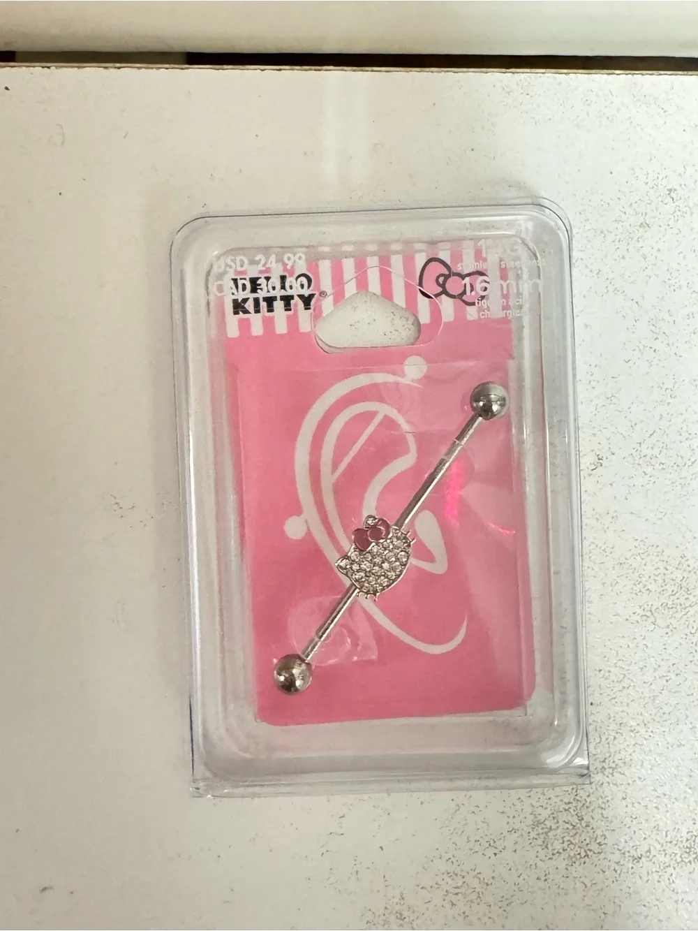 Hello Kitty Silver Barbell with Pink and Clear Gems